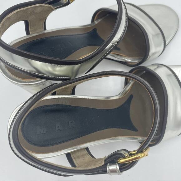 MARNI Silver Metallic Block Heel Sandal Ankle Strap Sz 36.5 / 6 - Picture 5 of 8